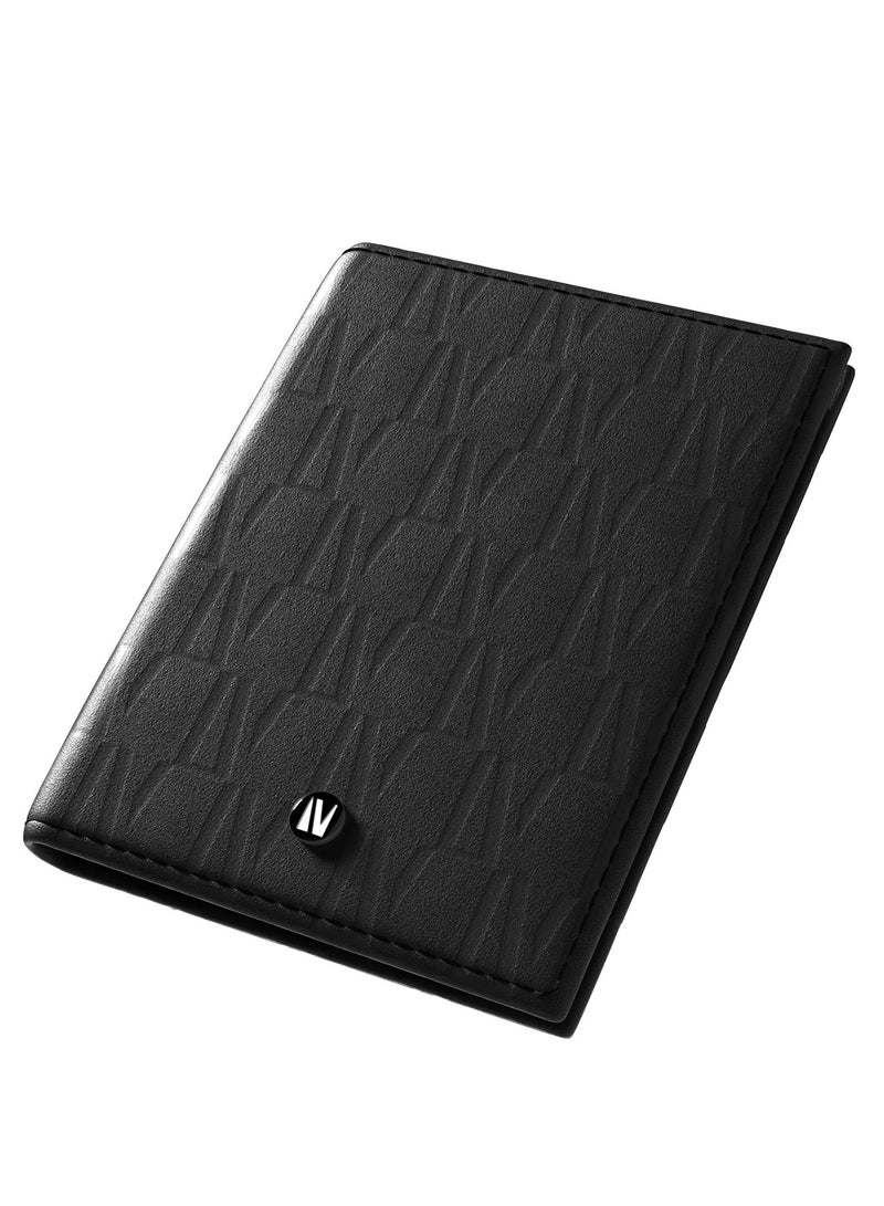 Bifold Genuine Leather With Debossed Logo Pocket Organizer / Cash & Card Slot / Compact Design / Lightweight / Multiple Compartment  - Black