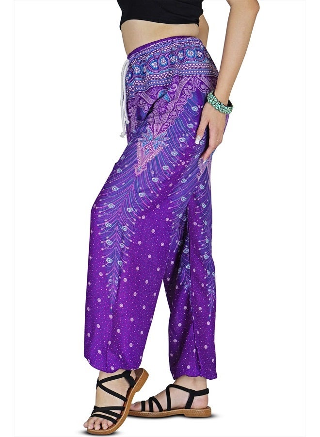 Harem Pants Womens Plus Bohemian Yoga Elephant Beach Casual Printed Drawstring Trousers (Peacock Violet XL)
