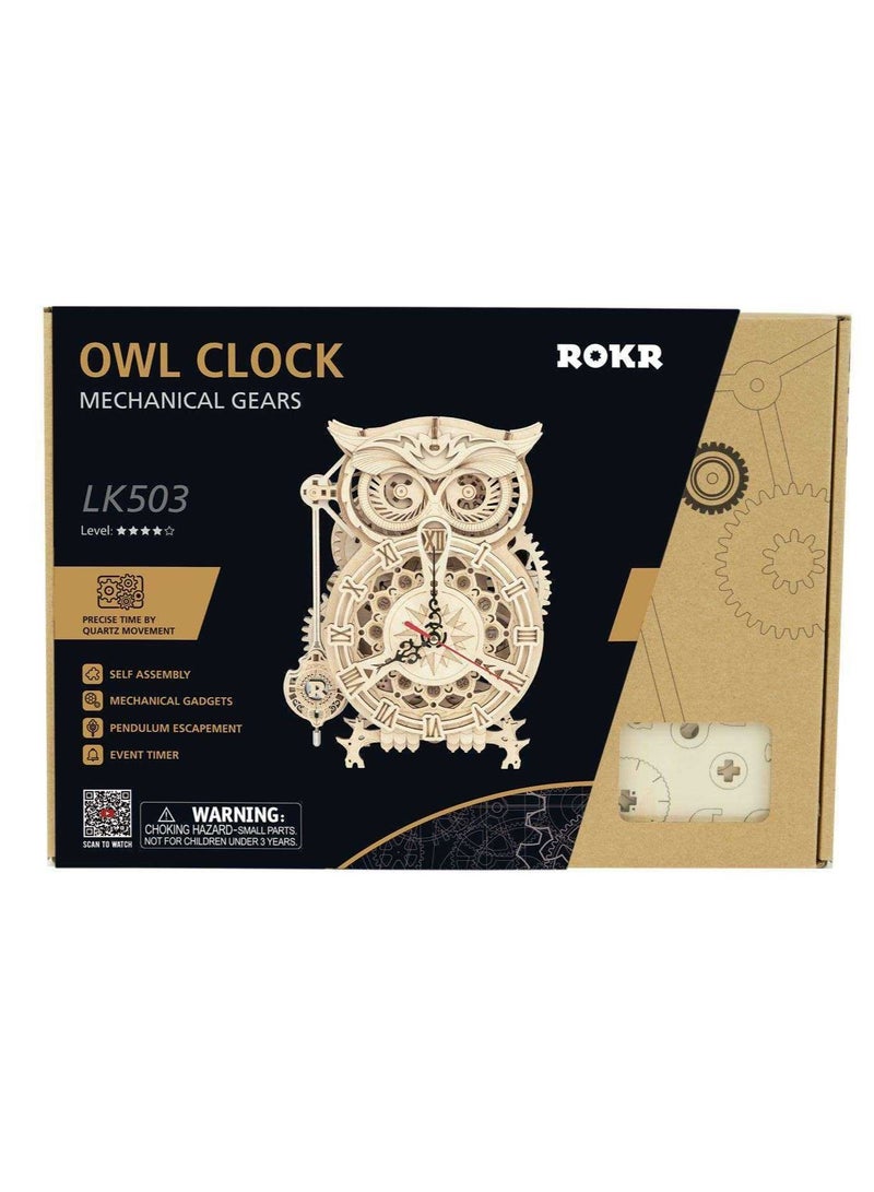 ROKR Owl Clock Mechanical Gears LK503, Assembly Brain Teaser 3D Wooden Puzzle DIY Build Model Crafts Kits, Unique Home Decor Birthday Gifts for Teens or Adults