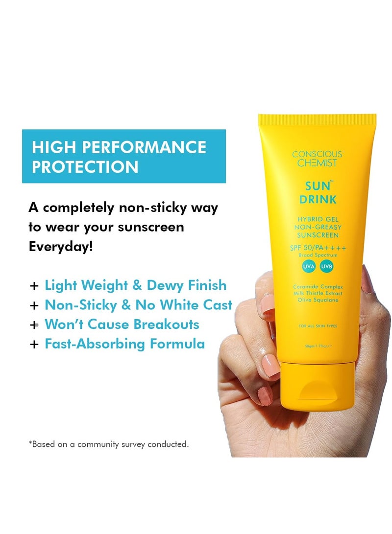 Conscious Chemist Hybrid Lightweight Gel Sunscreen SPF50 UVA UVB Protection with Ceramides Milk Thistle Extract 50ml