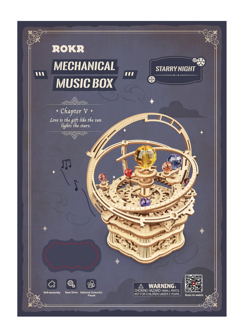 ROKR Starry Night Mechanical Music Box AMK51, Assembly Brain Teaser 3D Wooden Puzzle DIY Build Model Crafts Kits, Unique Home Decor Birthday Gifts for Teens or Adults