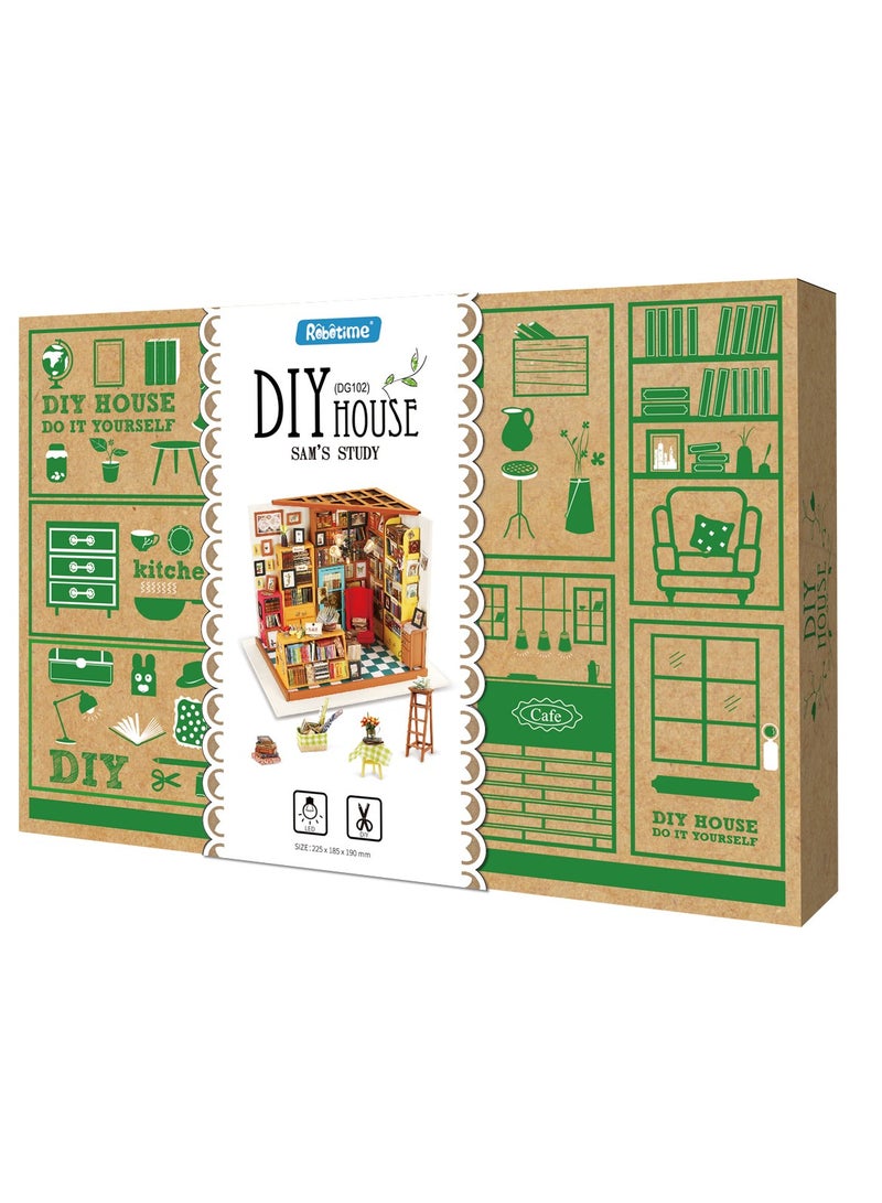 Rolife Sam's Study Library DIY Miniature House Kit DG102, Assembly Brain Teaser 3D Wooden Puzzle DIY Build Model Crafts Kits, Unique Home Decor Birthday Gifts for Teens or Adults