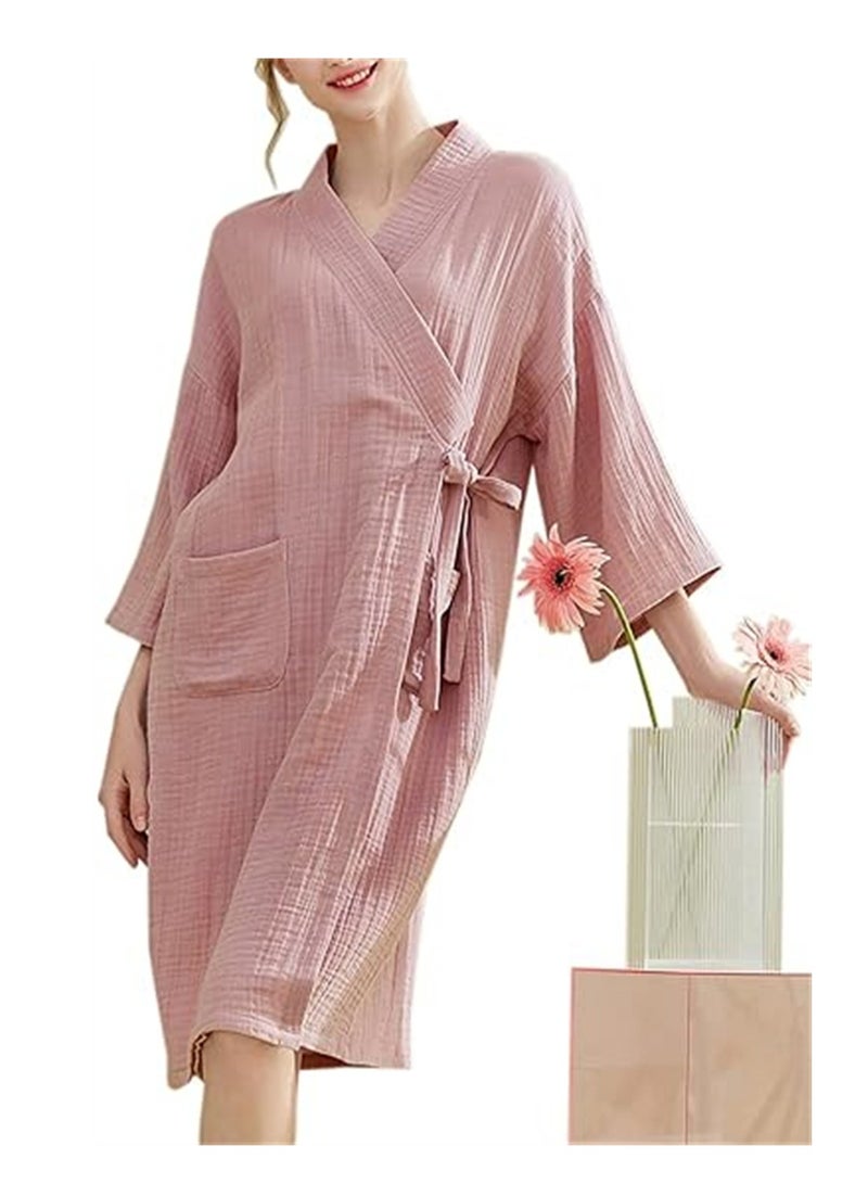 Womens Cotton Gauze Robe Soft Lightweight Kimono Maternity Bathrobe Loungewear Lounging Relaxed Bathrobe for Home Spa Pink