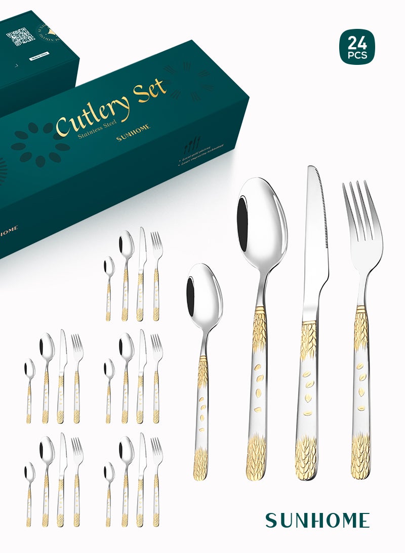 24-Piece Stainless Steel Cutlery Set with Laser Engraving For Kitchen
