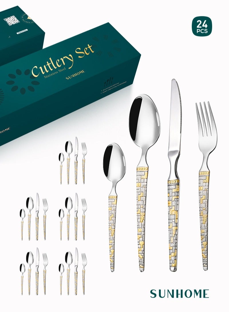 24-Piece Stainless Steel Cutlery Set with Laser Engraving For Kitchen