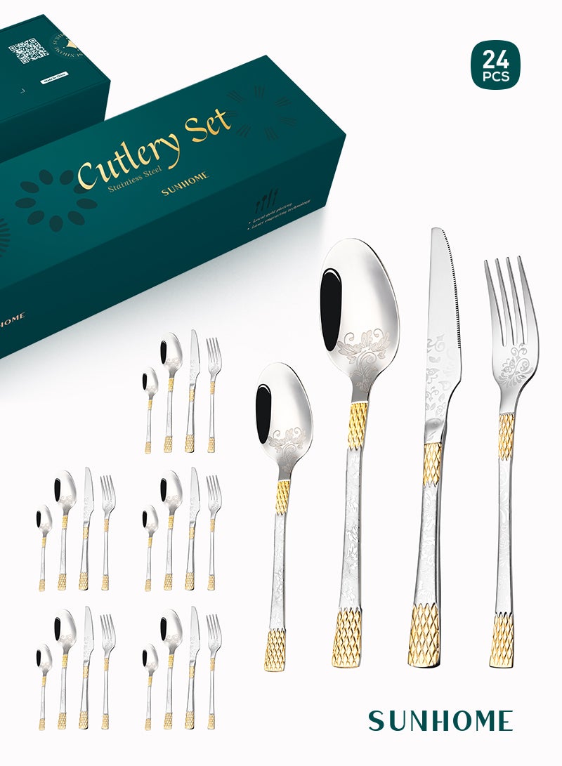 24-Piece Stainless Steel Cutlery Set with Laser Engraving For Kitchen