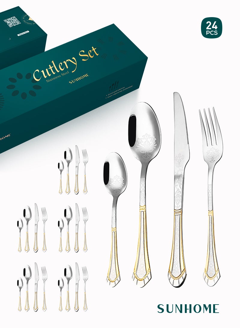 24-Piece Stainless Steel Cutlery Set with Laser Engraving For Kitchen