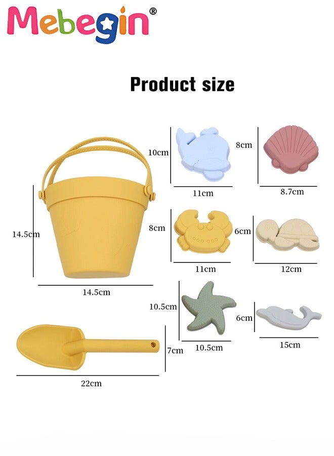 8 Pcs Silicone Beach Toys with Portable Beach Bag,Summer Kids Beach Set with Sand Toy Molds Shovel Bucket Set, Beach Sand Toys Toddler Sandbox Toys for Girl Kids Outdoor, Yellow