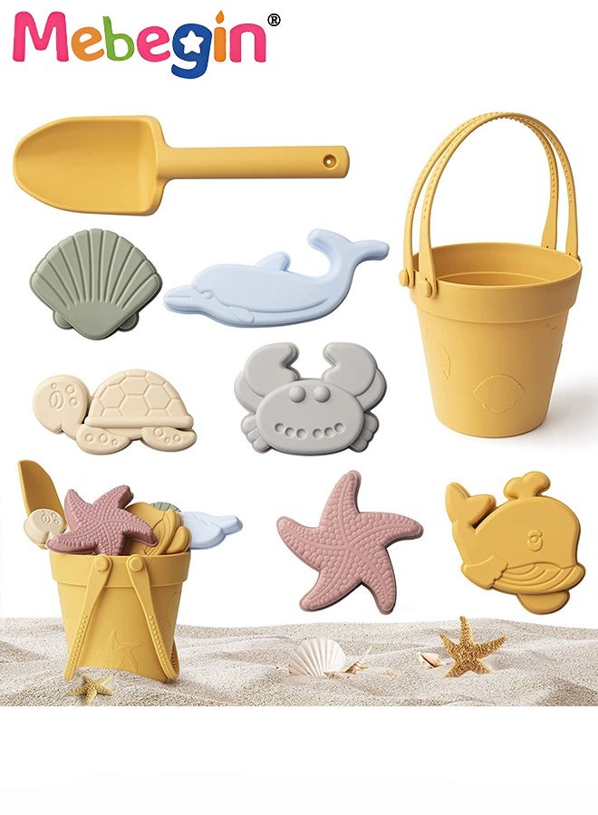 8 Pcs Silicone Beach Toys with Portable Beach Bag,Summer Kids Beach Set with Sand Toy Molds Shovel Bucket Set, Beach Sand Toys Toddler Sandbox Toys for Girl Kids Outdoor, Yellow