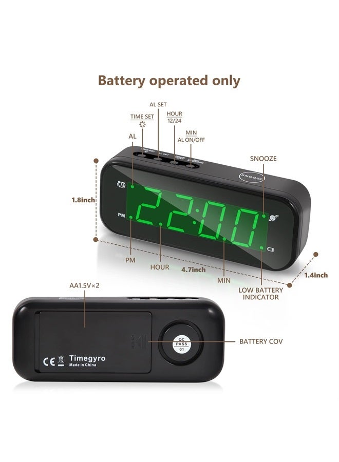 Small Digital Battery Operated Clock,LED Desk Clock Battery Powered only Cordless Alarm Clock with Snooze Brightness Adjustable 12/24 Mode Easy Setting for Bedroom,Shelf,Travel