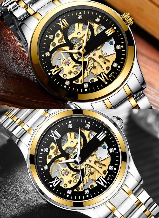 Men's Stainless Steel Strap Mechanical Watch Analog Display Round Black Dial with Hollow Pattern Decoration Waterproof Luminous Wristwatch with Silver Band as Gift for Men