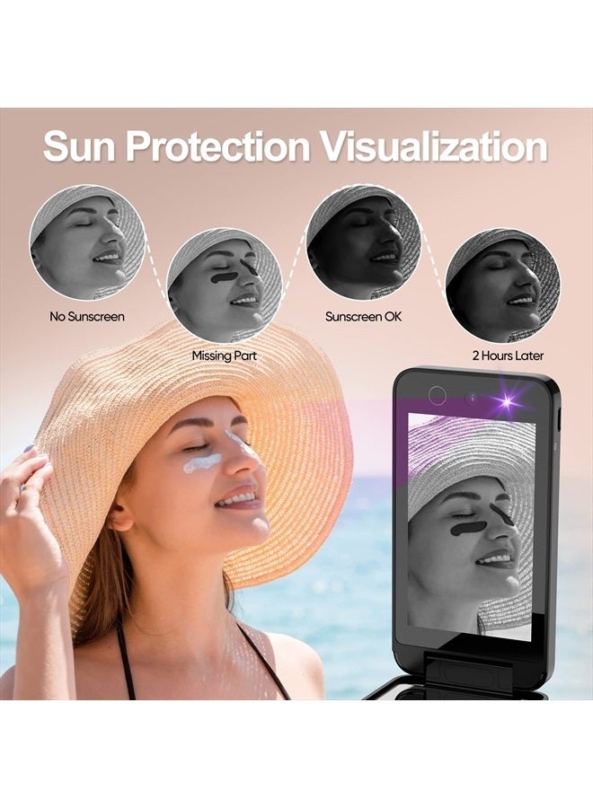 Compact & Portable UV Mirror, 4 Inch Vanity Mirror with UV Camera for Testing Sunscreen, Rechargeable Travel Makeup Mirror Handheld Double-Sided Pocket Mirror for Skin Protection