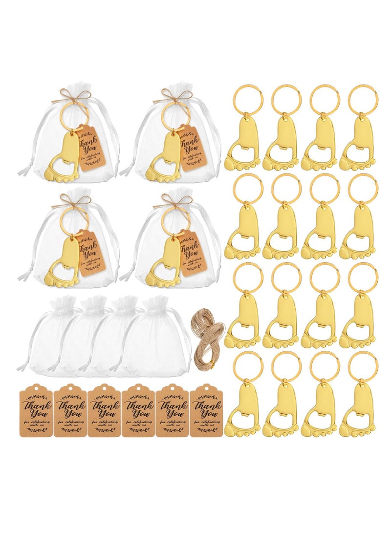 20 Pieces Footprint Keychain Bottle Opener Baby Shower Favors for Guest Souvenirs Supplies and Decorations with Organza Bags Tags Rope (Gold)