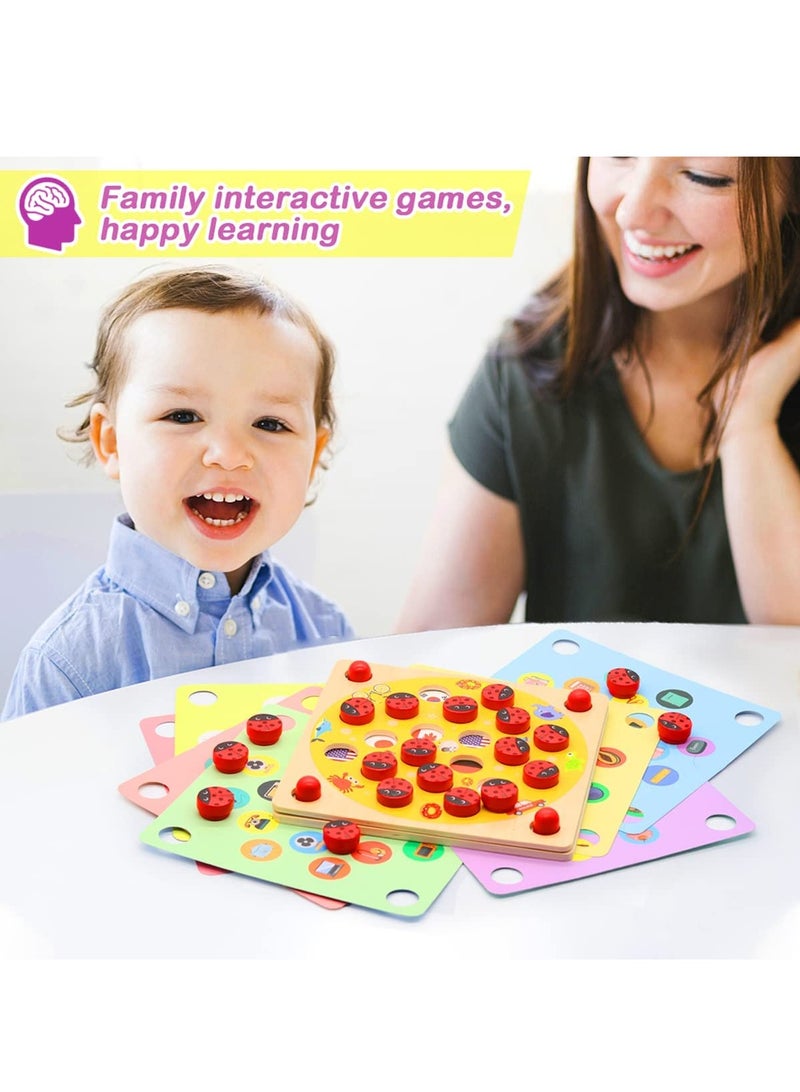 Ladybug's Garden Memory Game Wooden Memory Matching Games Family Board Games with 8 Pieces Double-Sided Cards Cognitive Development Educational Toys for Kids Age 3 Years Old and Up