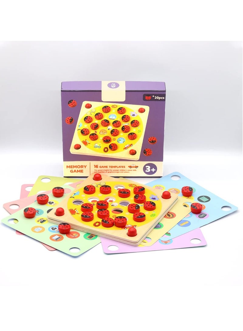 Ladybug's Garden Memory Game Wooden Memory Matching Games Family Board Games with 8 Pieces Double-Sided Cards Cognitive Development Educational Toys for Kids Age 3 Years Old and Up
