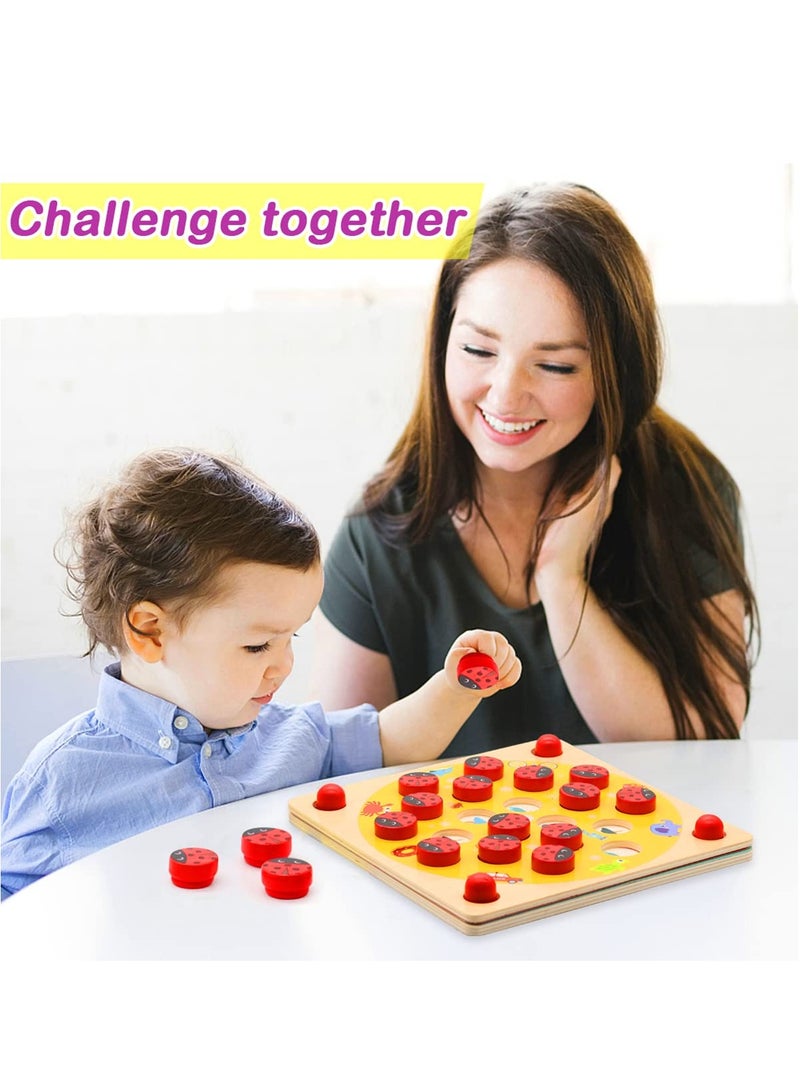 Ladybug's Garden Memory Game Wooden Memory Matching Games Family Board Games with 8 Pieces Double-Sided Cards Cognitive Development Educational Toys for Kids Age 3 Years Old and Up