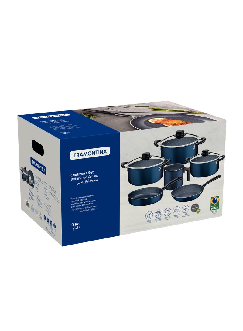 Since 1911,Made in Brazil-  9 Pieces Blue Aluminum Cookware Set with Interior and Exterior Starflon Max Nonstick Coating