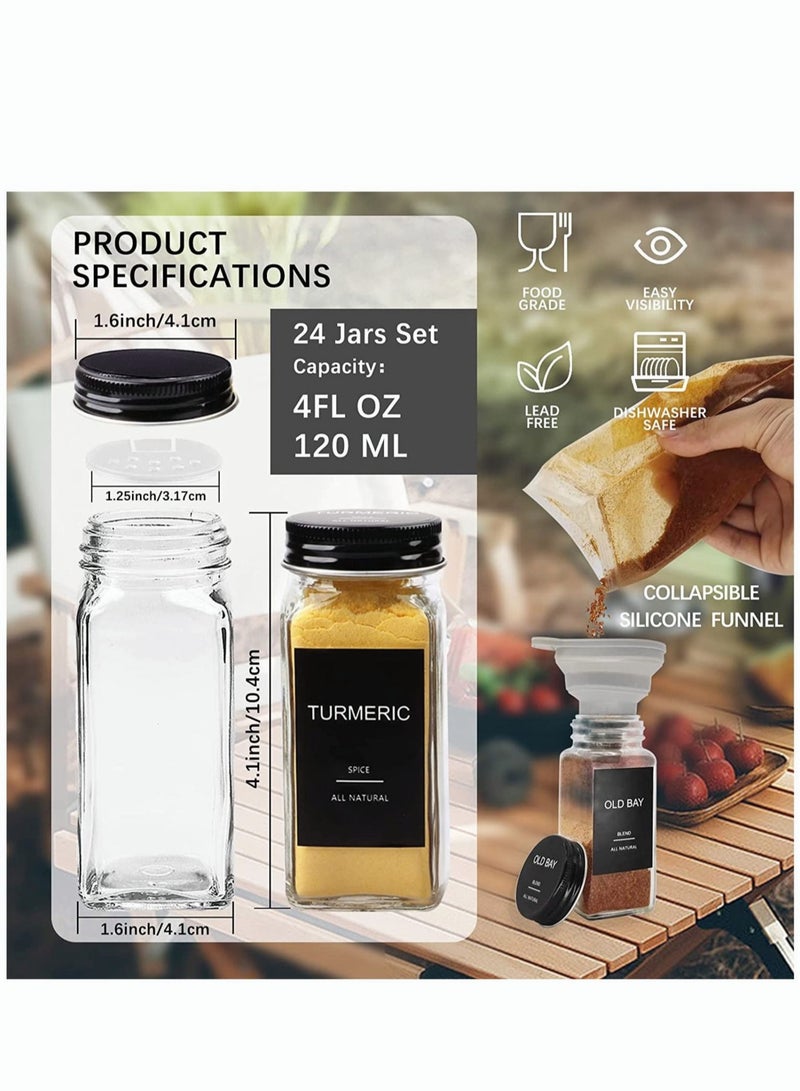 24Piece Glass Spice Jars with 20 Label Spice Glass Bottles 120ml Square Spice Container with Spice Labels Shaker Lids and Airtight Black Metal Caps Chalk Marker Silicone Collapsible Funnel