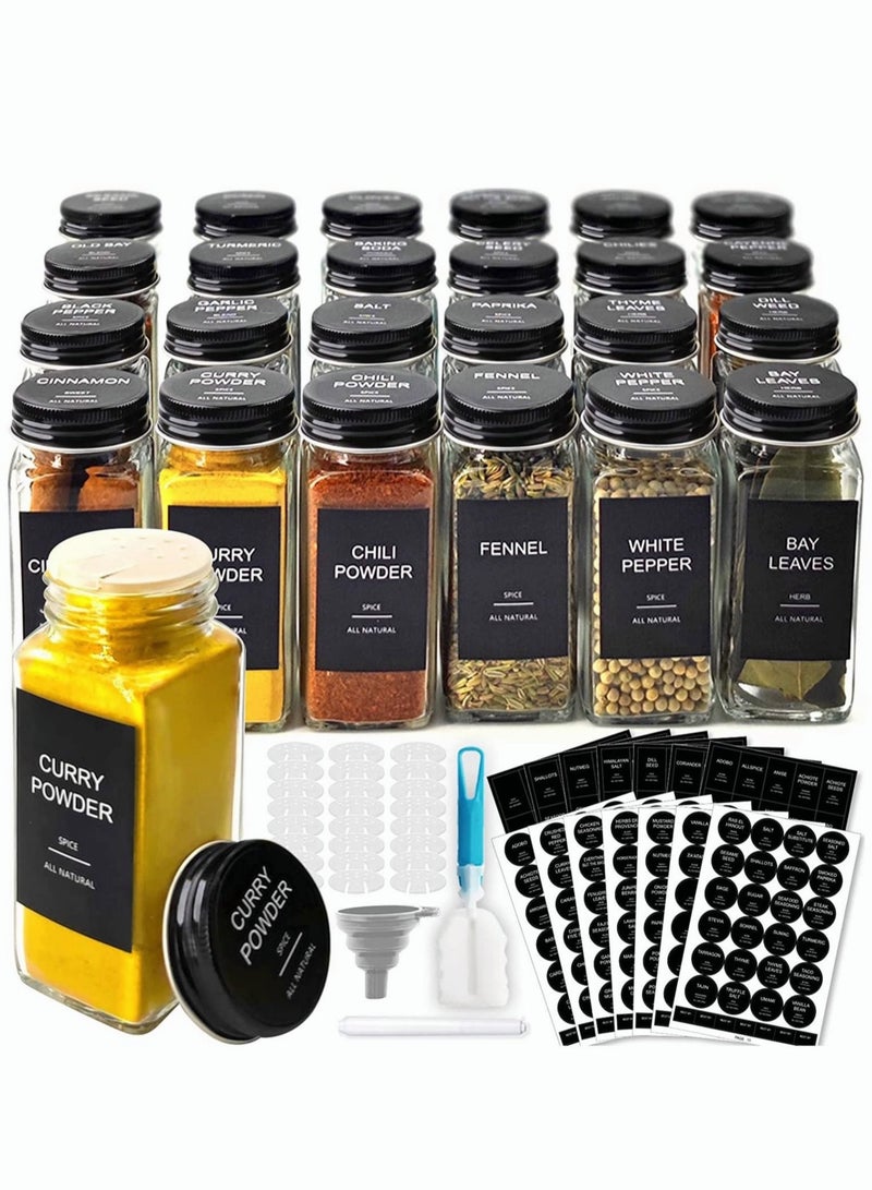24Piece Glass Spice Jars with 20 Label Spice Glass Bottles 120ml Square Spice Container with Spice Labels Shaker Lids and Airtight Black Metal Caps Chalk Marker Silicone Collapsible Funnel