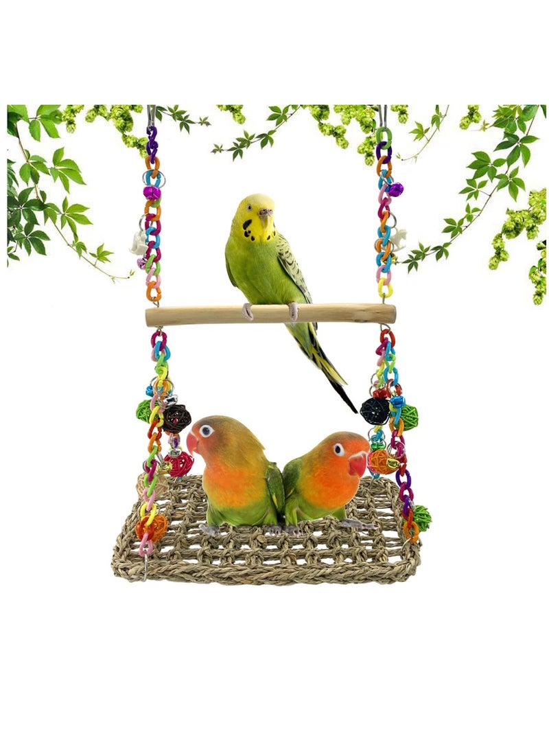 Bird Seagrass Swing Toys with Wood Perch Bird Parrot Trapeze Swing Seagrass Bird Climbing Hammock Bird Perch Stand Chewing Toy for Lovebird, Cockatiel, Budgie, Conure Parrotlet