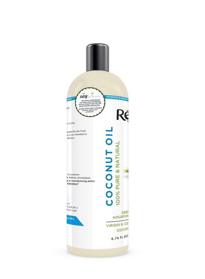 Rey NaturalsCoconut Oil 100% Pure Natural Coconut Oil for Hair and Skin Hair Growth Strengthens Hair Improves Scalp Condition Pack Of 2 200ML