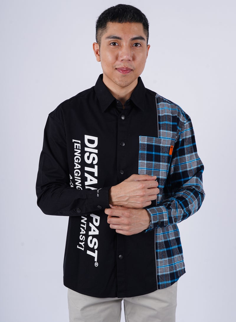 Men’s Double Side Design Printed Checked Shirt in Pure Black