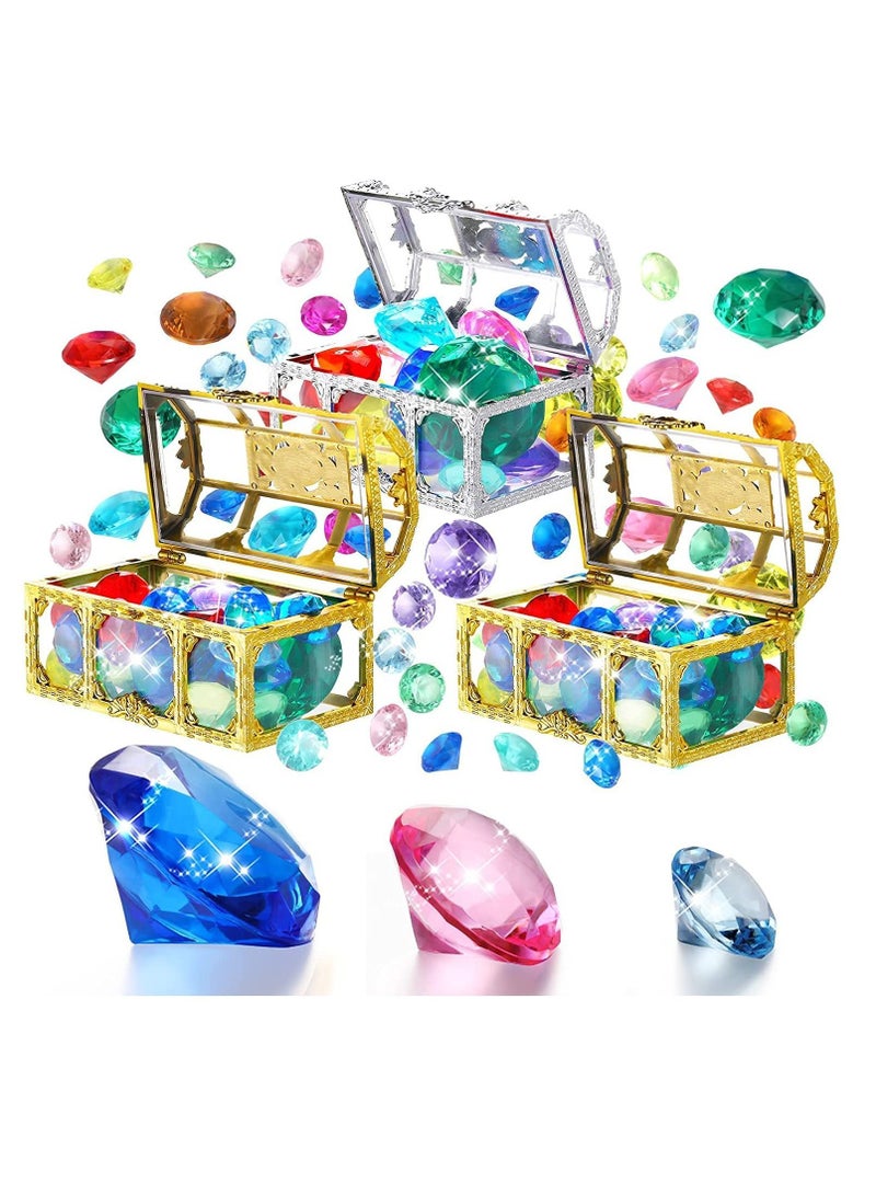 24 Diving Gems Pool Toys with 3 Treasures Pirate Box, Summer Swimming Teaching Colorful Sinking Underwater Gem Dive Throw Toy