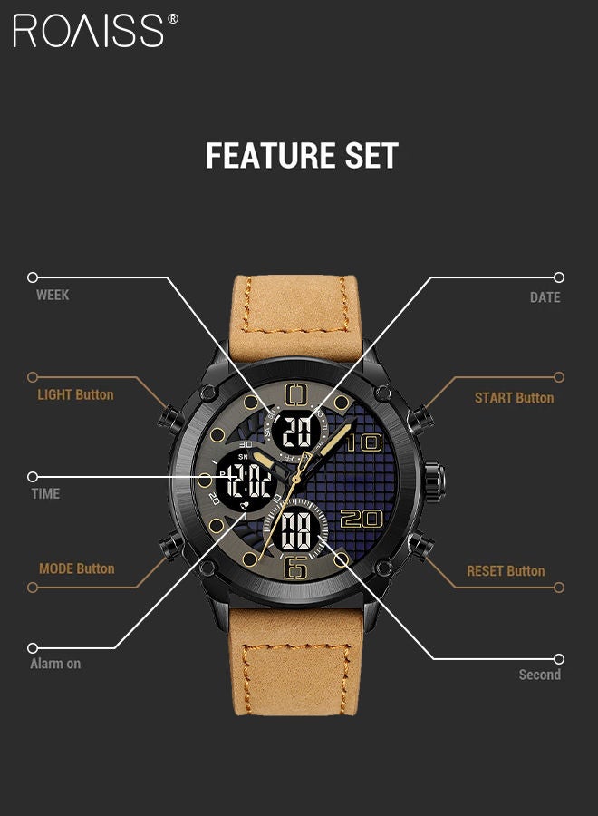 Men's Analog Digital Dual Display Sports Watch Multifunctional Waterproof Luminous Leather Strap Electronic Quartz Wristwatch with Alarm Stopwatch Backlight 12H/24H for Outdoor Activities