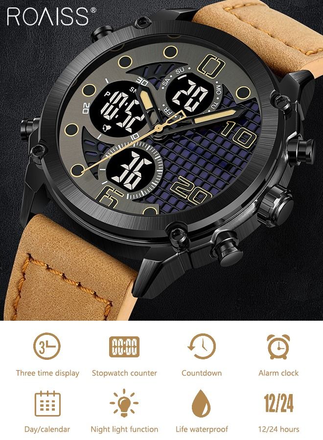 Men's Analog Digital Dual Display Sports Watch Multifunctional Waterproof Luminous Leather Strap Electronic Quartz Wristwatch with Alarm Stopwatch Backlight 12H/24H for Outdoor Activities