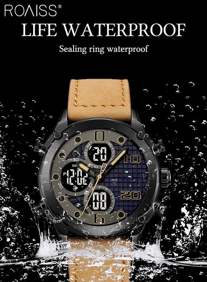 Men's Analog Digital Dual Display Sports Watch Multifunctional Waterproof Luminous Leather Strap Electronic Quartz Wristwatch with Alarm Stopwatch Backlight 12H/24H for Outdoor Activities