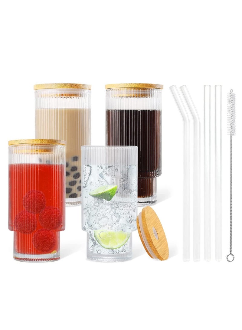 Borosilicate Ribbed Drinking Glasses with Glass Straws and Bamboo Lid 450 ML ,Set of 4.