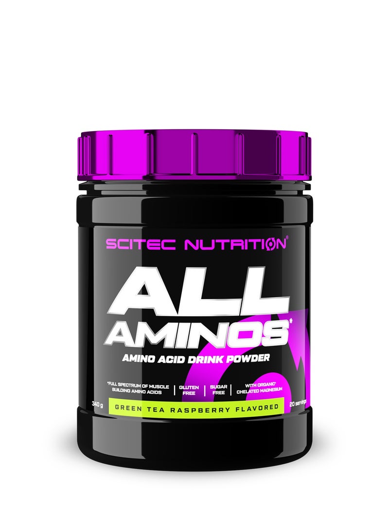 Scitec Nutrition All Aminos | Green Tea-Raspberry Flavored Food Supplement Drink Powder | Amino acids, whey Protein Isolate, hydrolyzed Collagen, Sugar Free and Gluten Fre | 340 g 20 Serving