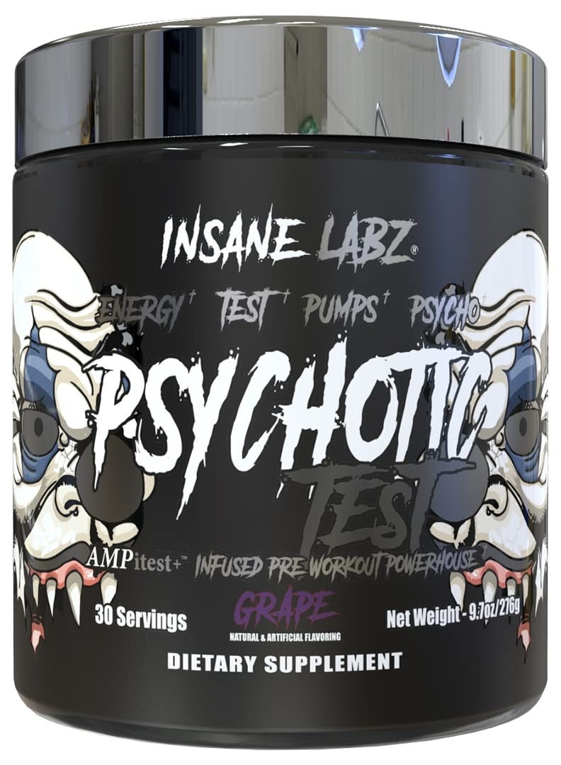 Insane Labz Psychotic Test, High Stim Testosterone Energy and Pump Boosting Pre-Workout Powder 30Servings Grape