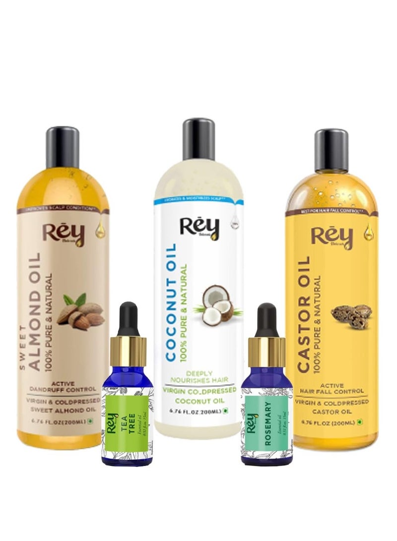 Rey Naturals Complete Hair Care Kit Castor Oil Coconut Oil Almond Oil Rosemary Oil Teatree Oil 630G