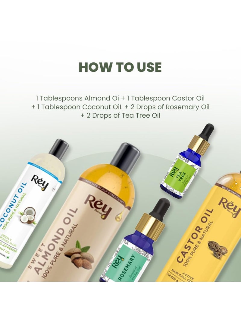 Rey Naturals Complete Hair Care Kit Castor Oil Coconut Oil Almond Oil Rosemary Oil Teatree Oil 630G