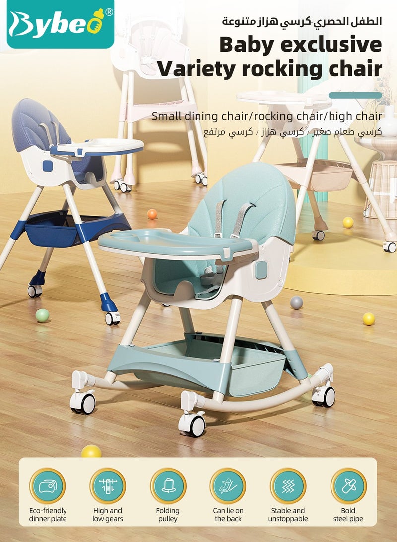 4-in-1  Baby High Chair, Convertible Dining Chair for Kids, Babies Rocker, Sofa Chair, Infant Feeding Booster Seat with Dinner Tray, Wheels, Footrest, Safety Belt and Cushion, for Babies and Toddlers