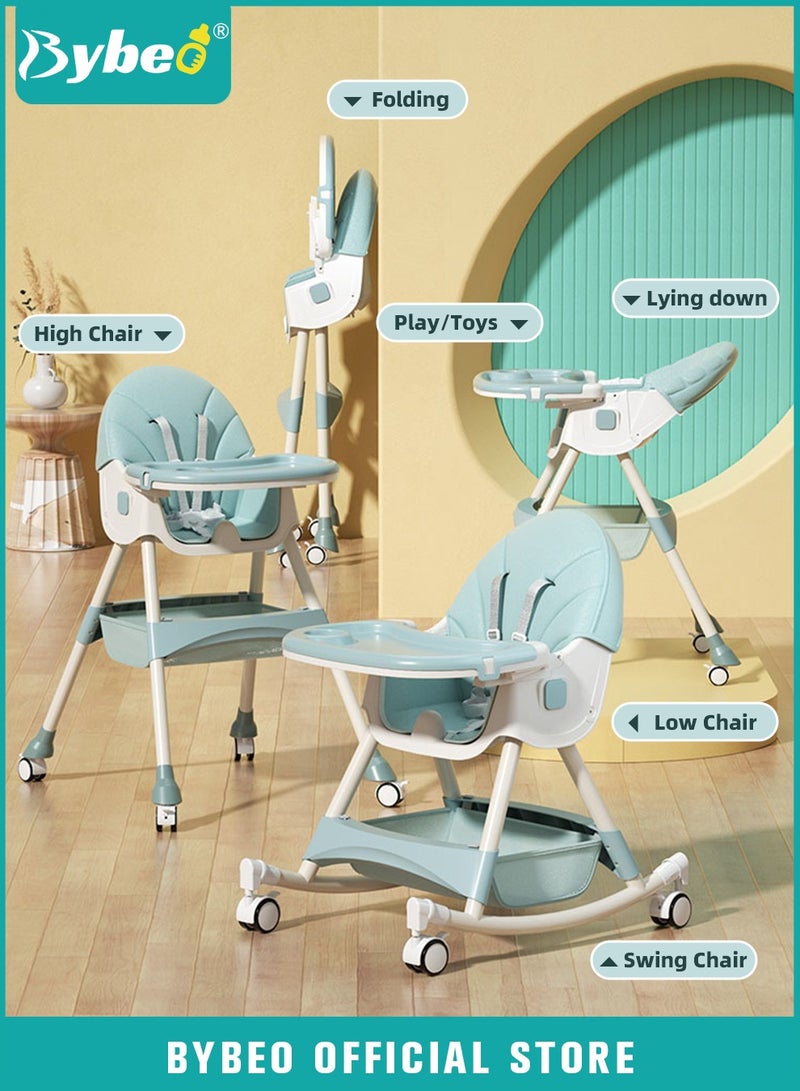 4-in-1  Baby High Chair, Convertible Dining Chair for Kids, Babies Rocker, Sofa Chair, Infant Feeding Booster Seat with Dinner Tray, Wheels, Footrest, Safety Belt and Cushion, for Babies and Toddlers