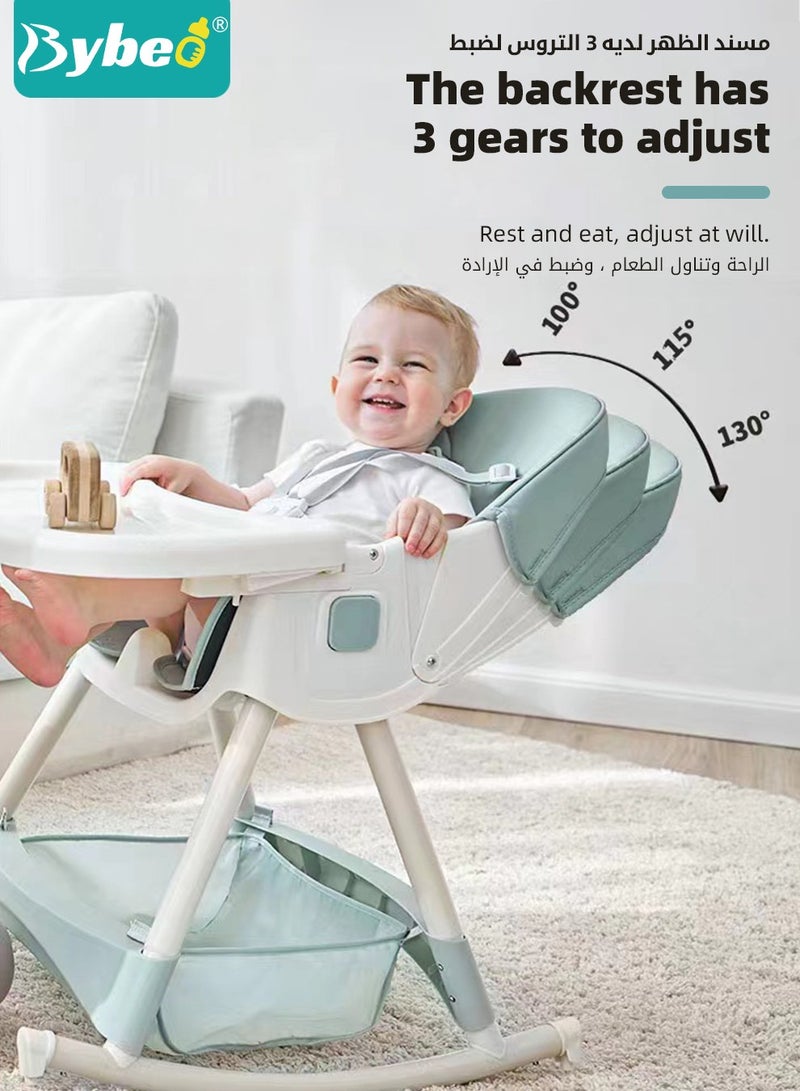 4-in-1  Baby High Chair, Convertible Dining Chair for Kids, Babies Rocker, Sofa Chair, Infant Feeding Booster Seat with Dinner Tray, Wheels, Footrest, Safety Belt and Cushion, for Babies and Toddlers