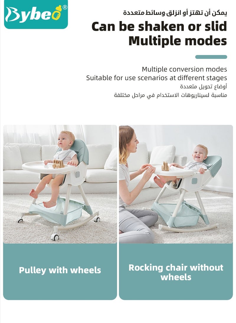 4-in-1  Baby High Chair, Convertible Dining Chair for Kids, Babies Rocker, Sofa Chair, Infant Feeding Booster Seat with Dinner Tray, Wheels, Footrest, Safety Belt and Cushion, for Babies and Toddlers