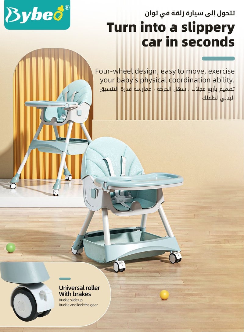 4-in-1  Baby High Chair, Convertible Dining Chair for Kids, Babies Rocker, Sofa Chair, Infant Feeding Booster Seat with Dinner Tray, Wheels, Footrest, Safety Belt and Cushion, for Babies and Toddlers