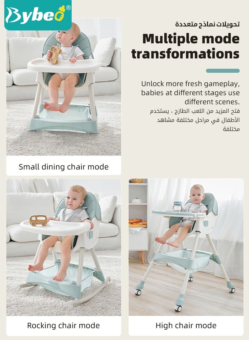 4-in-1  Baby High Chair, Convertible Dining Chair for Kids, Babies Rocker, Sofa Chair, Infant Feeding Booster Seat with Dinner Tray, Wheels, Footrest, Safety Belt and Cushion, for Babies and Toddlers