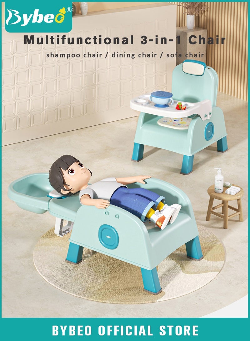 3-in-1 Baby Dining Chair, Multifunctional Kids Hair Washing Chair, Convertible Babies Bath Seats, Foldable Kid Sofa Chair with Meal Tray Hair and Wash Utensils Set, Adjustable Height
