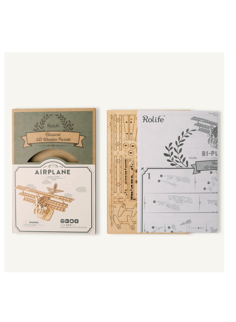 Rolife Airplane TG301, Assembly Brain Teaser 3D Wooden Puzzle DIY Build Model Crafts Kits, Unique Home Decor Birthday Gifts for Teens & Adults