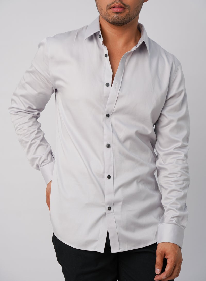 Men’s Autumn Shirt Long Sleeves Collared Neck– Light Grey