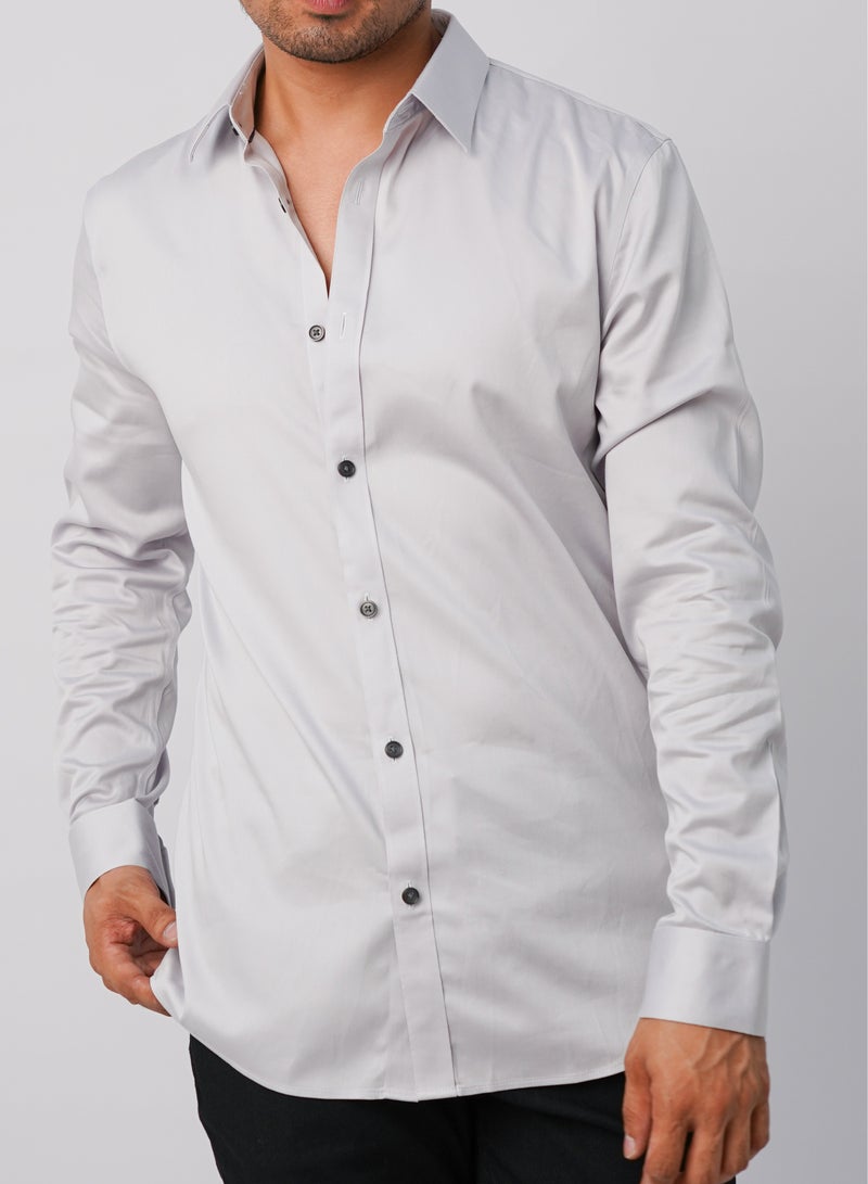 Men’s Autumn Shirt Long Sleeves Collared Neck– Light Grey