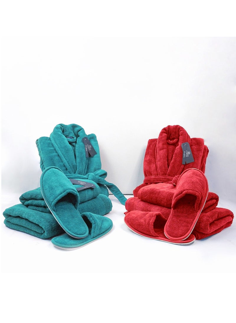 Luxury Couple Bathroom Set - 2 Bathrobes with Slippers and 2 Towel Sets - Unisex