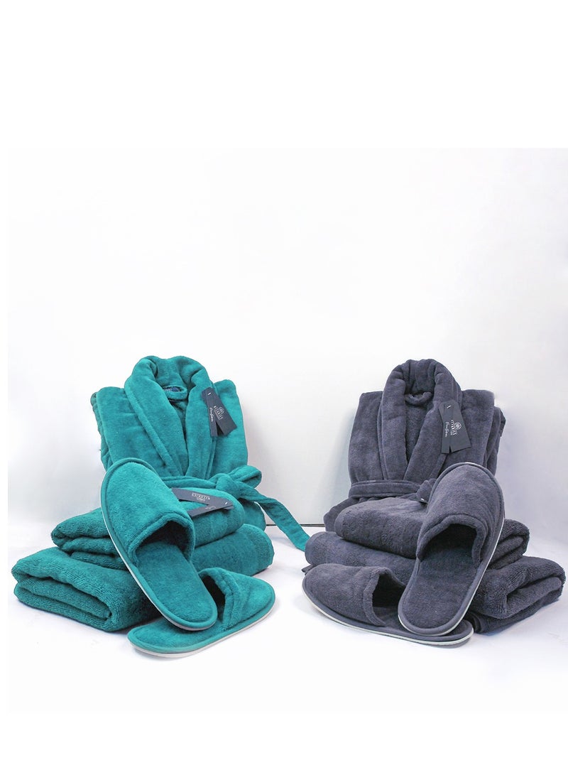 Luxury Couple Bathroom Set - 2 Bathrobes with Slippers and 2 Towel Sets - Unisex