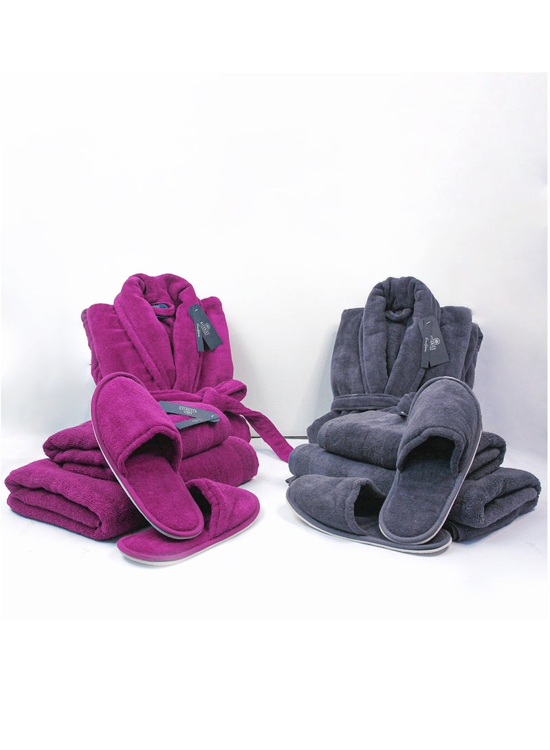 Luxury Couple Bathroom Set - 2 Bathrobes with Slippers and 2 Towel Sets - Unisex