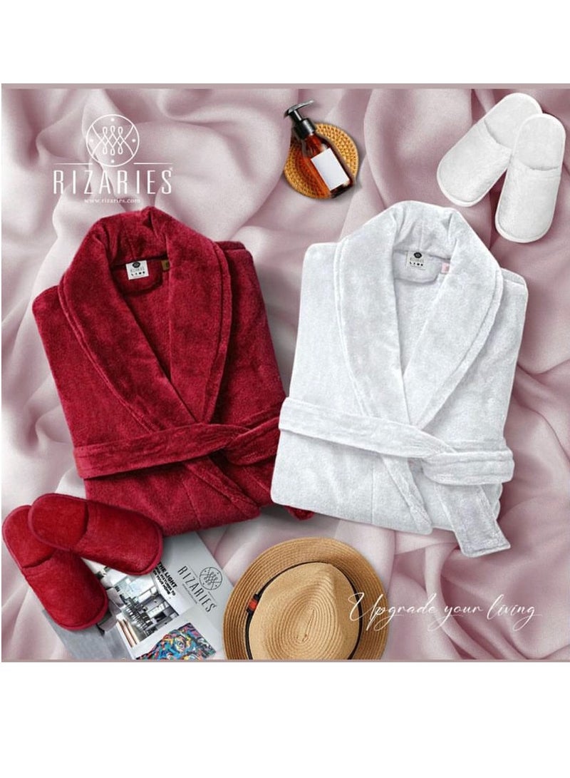 Couple Luxury Bathrobe Set Red & White - 2 Velour Bathrobe, 2 Velour Slippers - Unisex