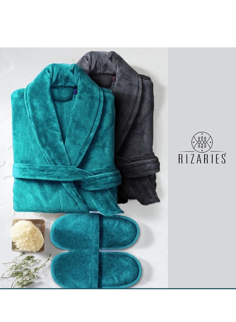 Couple Bathrobe Set Teal & Grey 2 Velour Bathrobe, 2 Velour Slippers - Unisex